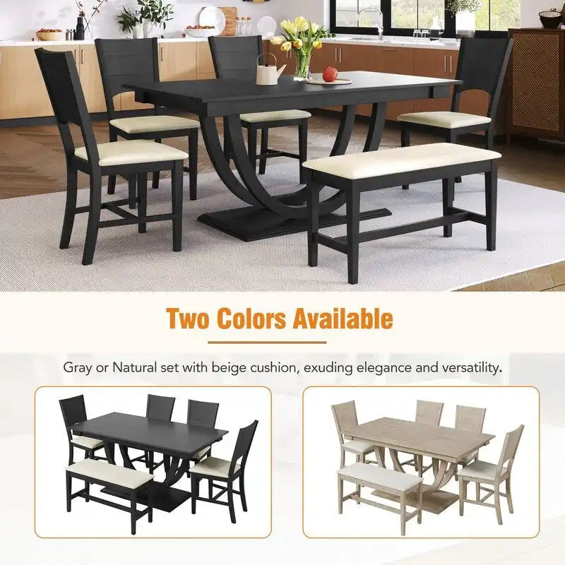 Ensemble de salle à manger 6 pièces demi-rond en bois avec longue banquette et 4 chaises de salle à manger, style moderne