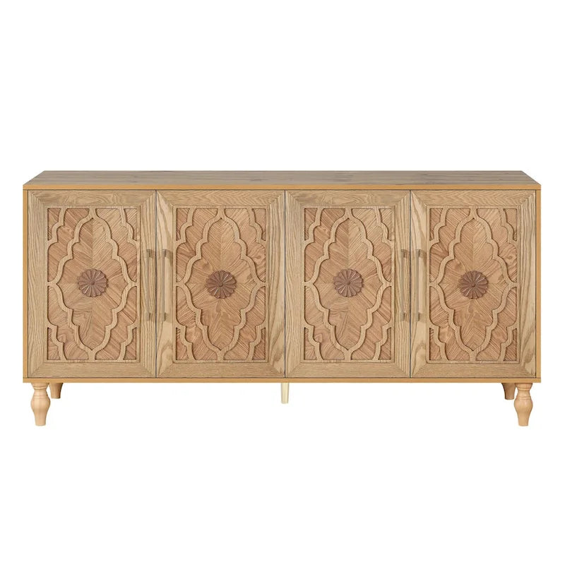 Grande armoire de rangement avec portes sculptées de fleurs et poignées métalliques