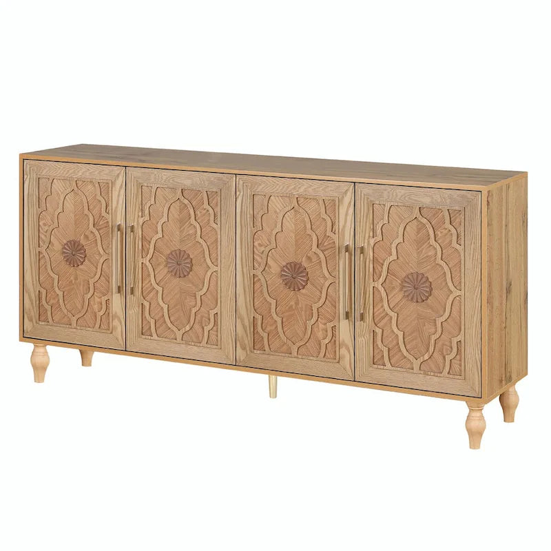 Grande armoire de rangement avec portes sculptées de fleurs et poignées métalliques