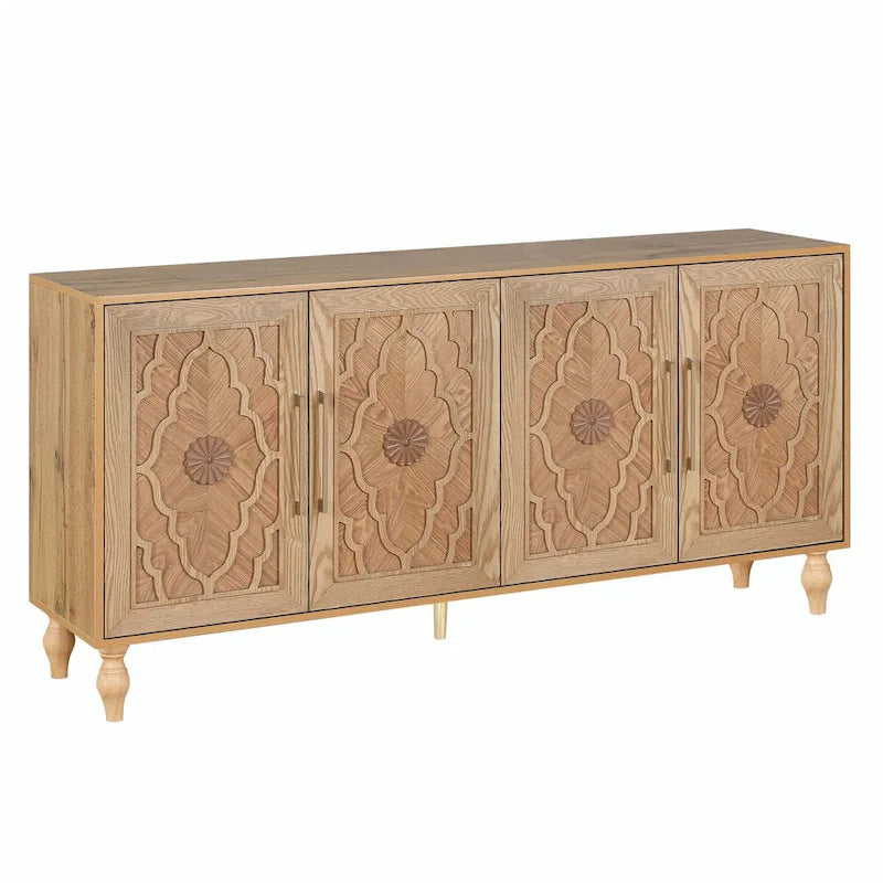 Grande armoire de rangement avec portes sculptées de fleurs et poignées métalliques