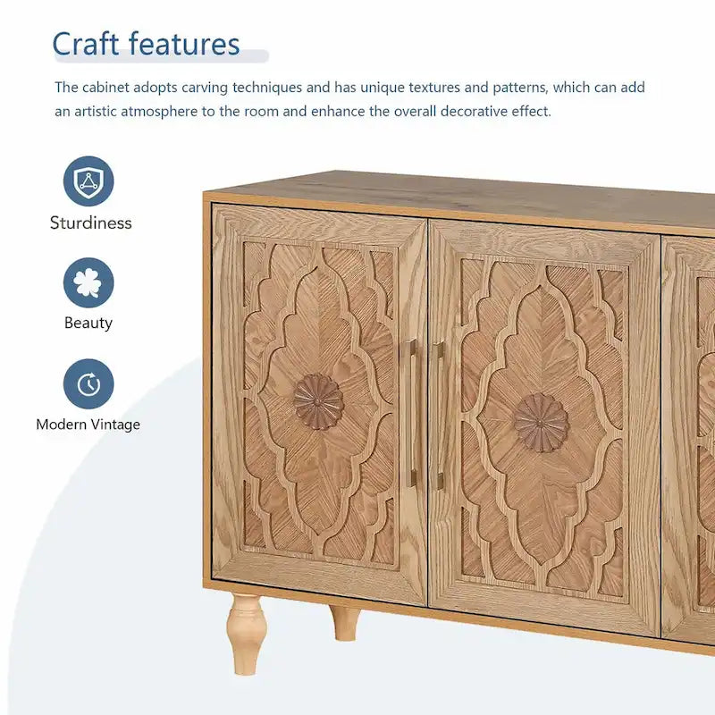 Grande armoire de rangement avec portes sculptées de fleurs et poignées métalliques