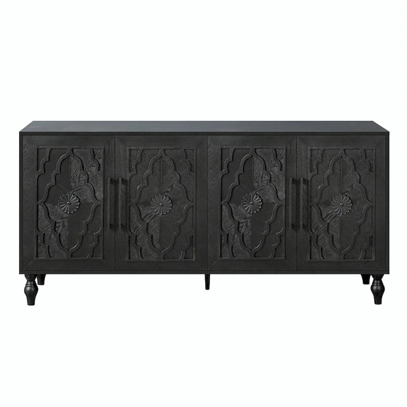 Grande armoire de rangement avec portes sculptées de fleurs et poignées métalliques