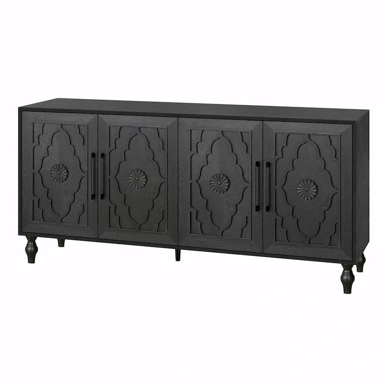Grande armoire de rangement avec portes sculptées de fleurs et poignées métalliques
