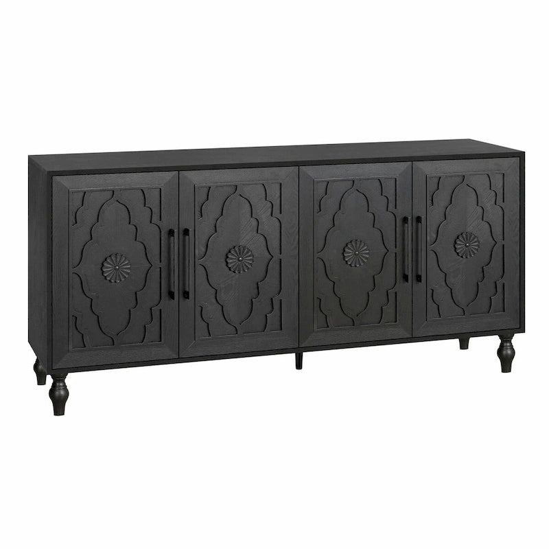 Grande armoire de rangement avec portes sculptées de fleurs et poignées métalliques