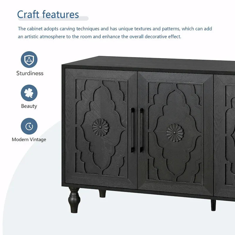 Grande armoire de rangement avec portes sculptées de fleurs et poignées métalliques