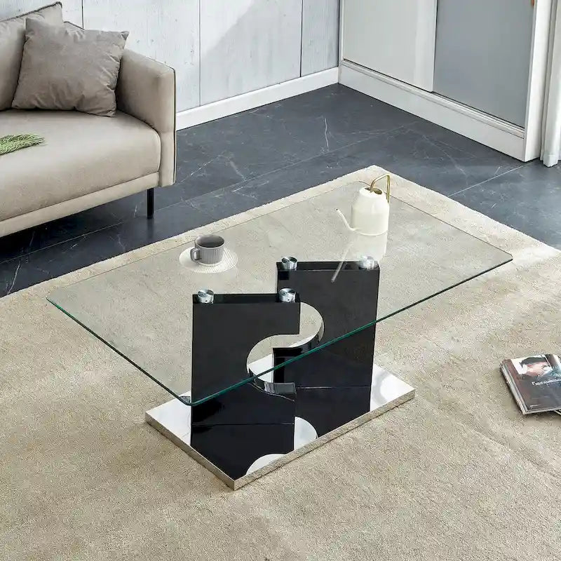 Une table basse rectangulaire moderne et élégante de 120*65*45 cm avec un plateau en verre trempé et des pieds en MDF noir pour le salon
