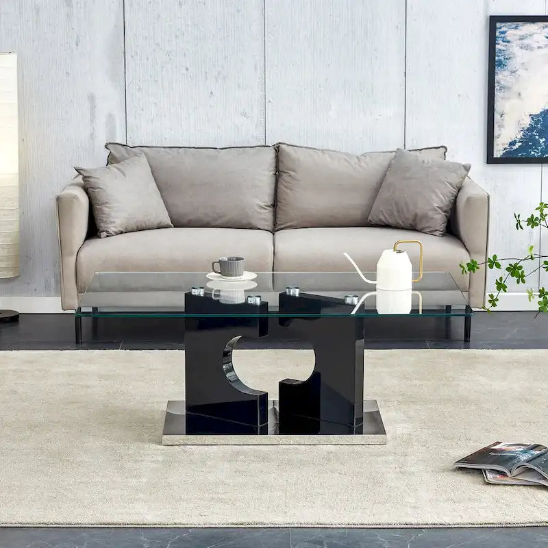 Une table basse rectangulaire moderne et élégante de 120*65*45 cm avec un plateau en verre trempé et des pieds en MDF noir pour le salon