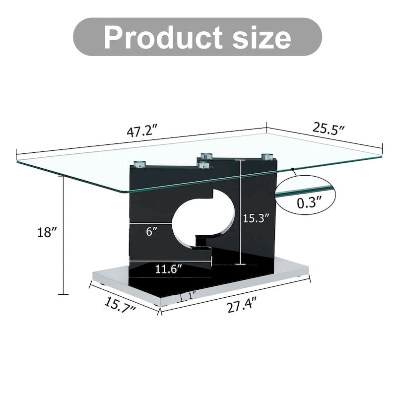 Une table basse rectangulaire moderne et élégante de 120*65*45 cm avec un plateau en verre trempé et des pieds en MDF noir pour le salon