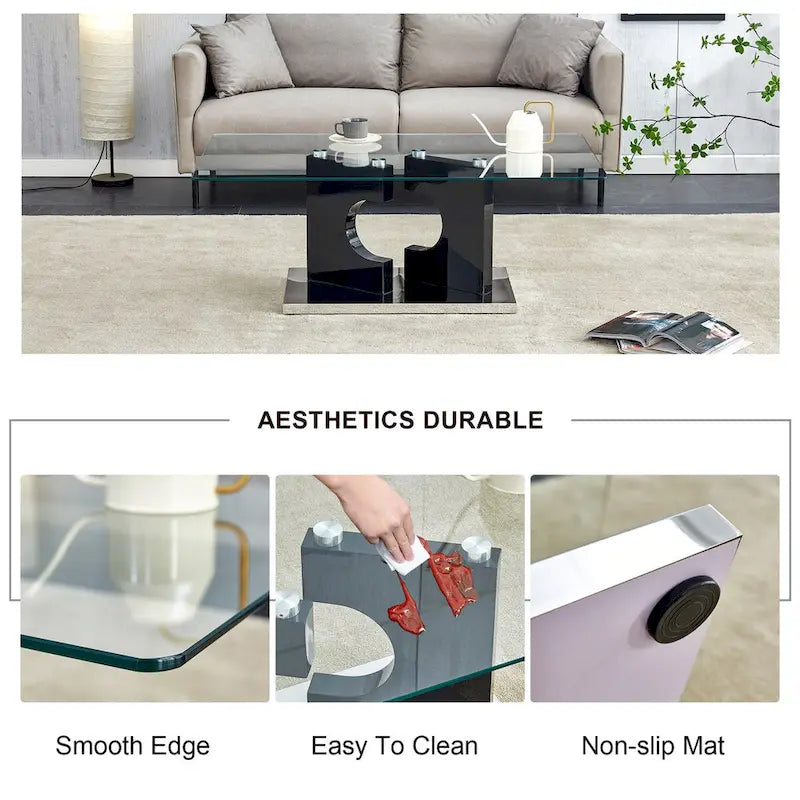 Une table basse rectangulaire moderne et élégante de 120*65*45 cm avec un plateau en verre trempé et des pieds en MDF noir pour le salon