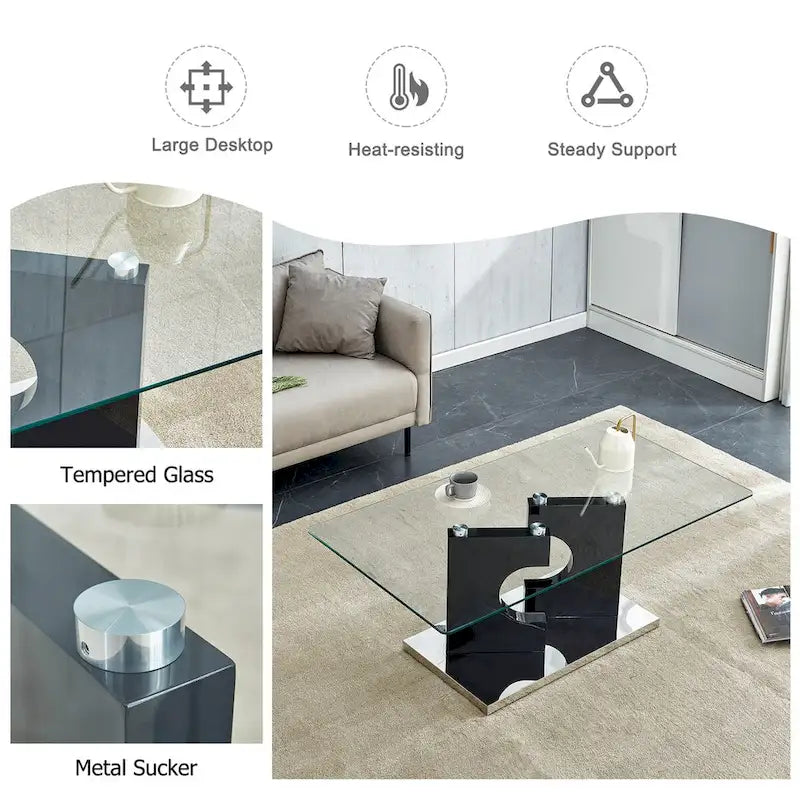 Une table basse rectangulaire moderne et élégante de 120*65*45 cm avec un plateau en verre trempé et des pieds en MDF noir pour le salon
