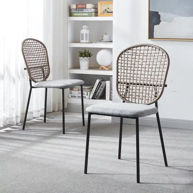 Lot de 4 chaises de salle à manger sans accoudoirs en rotin, avec revêtement en velours et piètement métallique