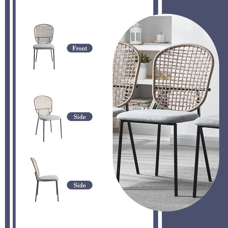 Lot de 4 chaises de salle à manger sans accoudoirs en rotin, avec revêtement en velours et piètement métallique