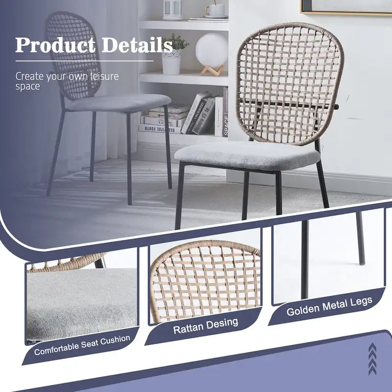 Lot de 4 chaises de salle à manger sans accoudoirs en rotin, avec revêtement en velours et piètement métallique