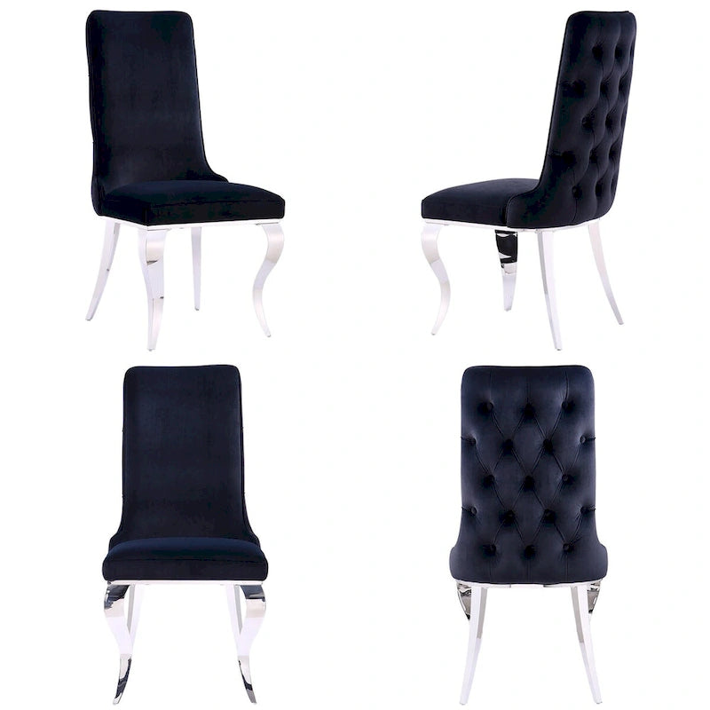 Chaises de salle à manger noires et argentées avec velours doux et pieds en métal