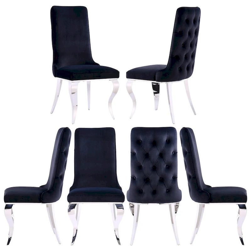 Chaises de salle à manger noires et argentées avec velours doux et pieds en métal