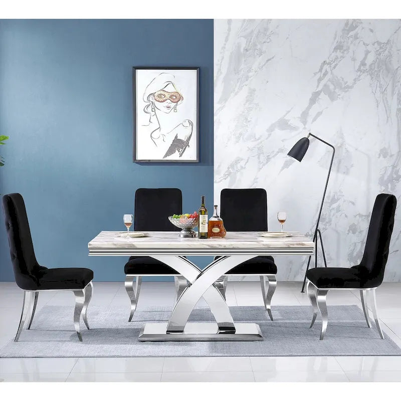 Chaises de salle à manger noires et argentées avec velours doux et pieds en métal