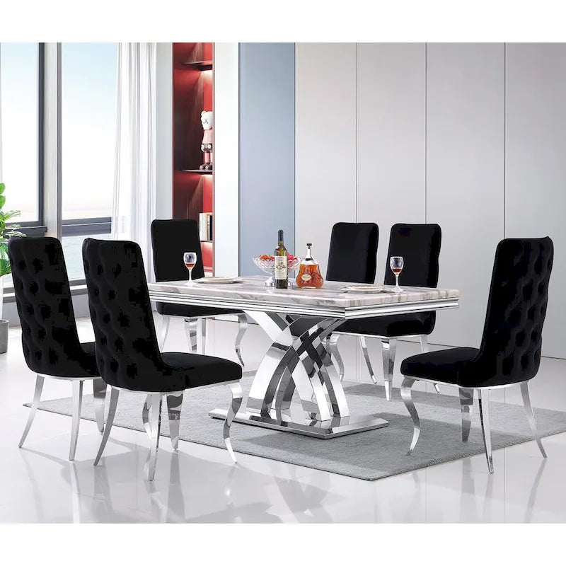 Chaises de salle à manger noires et argentées avec velours doux et pieds en métal