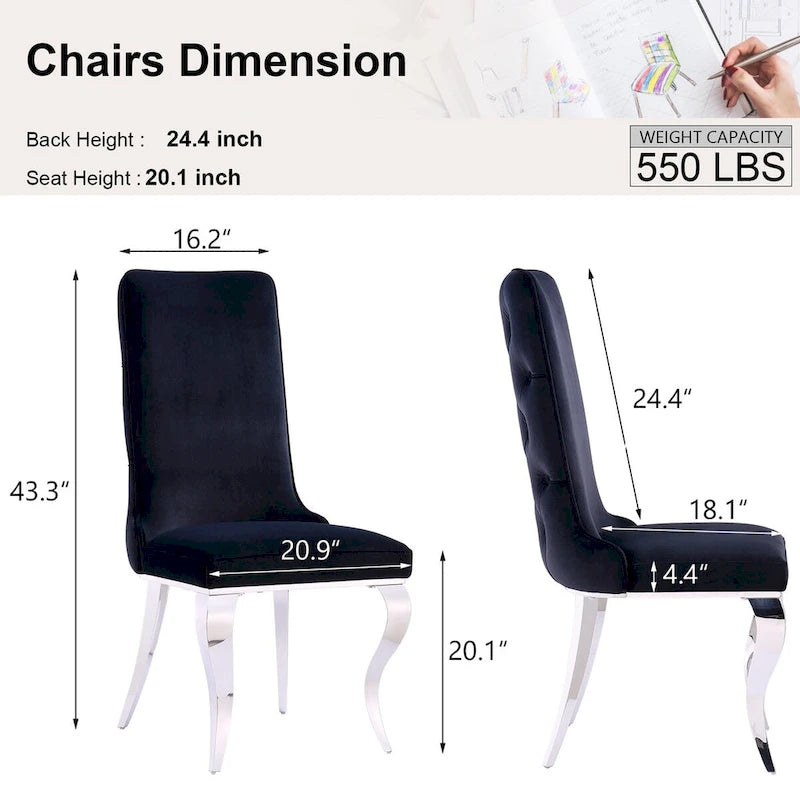 Chaises de salle à manger noires et argentées avec velours doux et pieds en métal