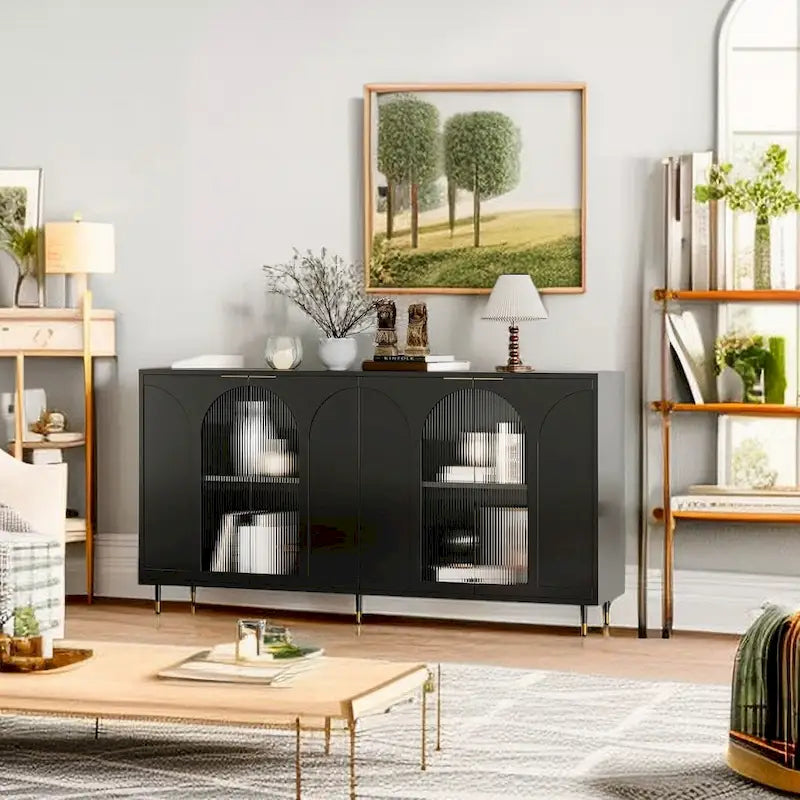 Meuble Vitrine en Bois avec Portes Coulissantes en Verre