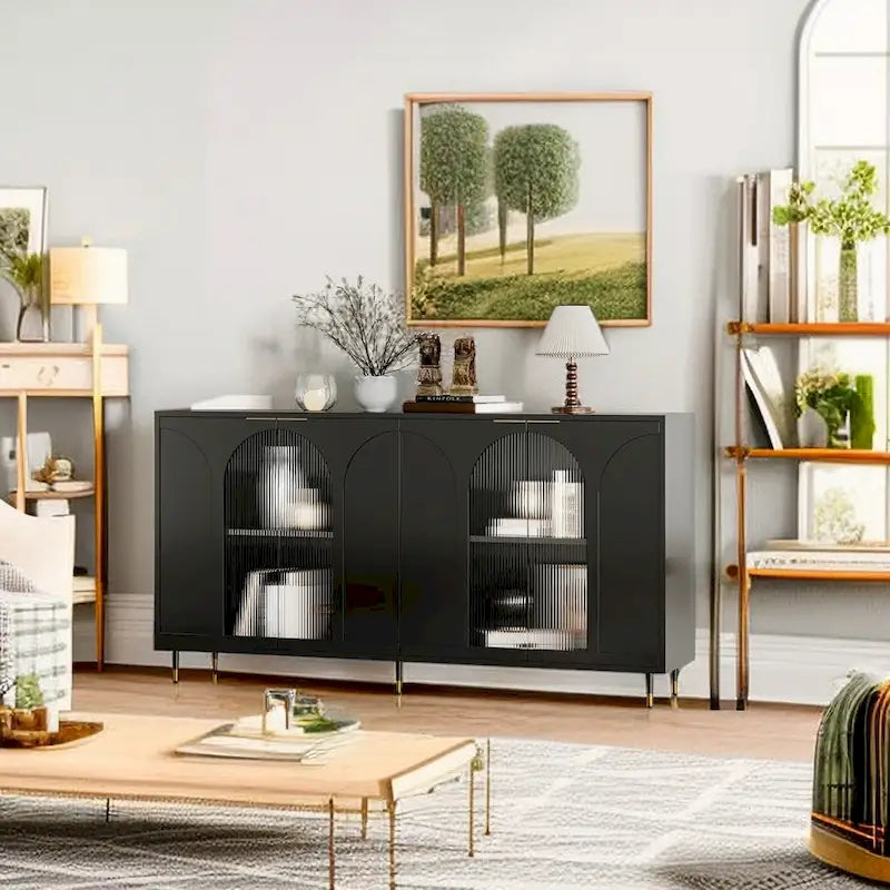 Meuble Vitrine en Bois avec Portes Coulissantes en Verre