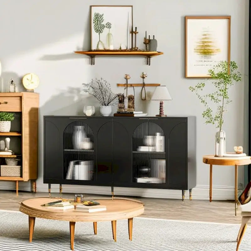 Meuble Vitrine en Bois avec Portes Coulissantes en Verre