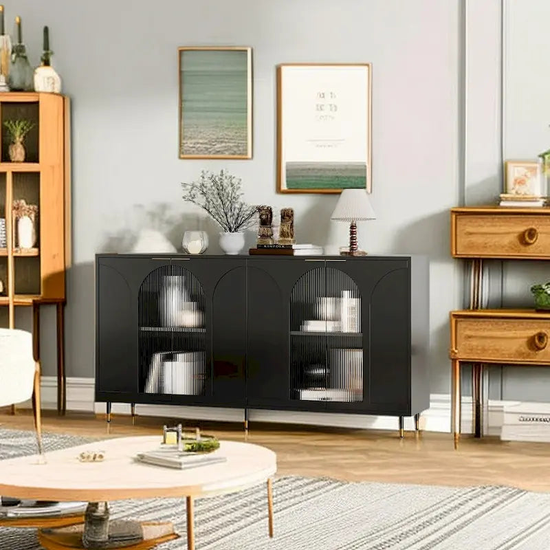 Meuble Vitrine en Bois avec Portes Coulissantes en Verre