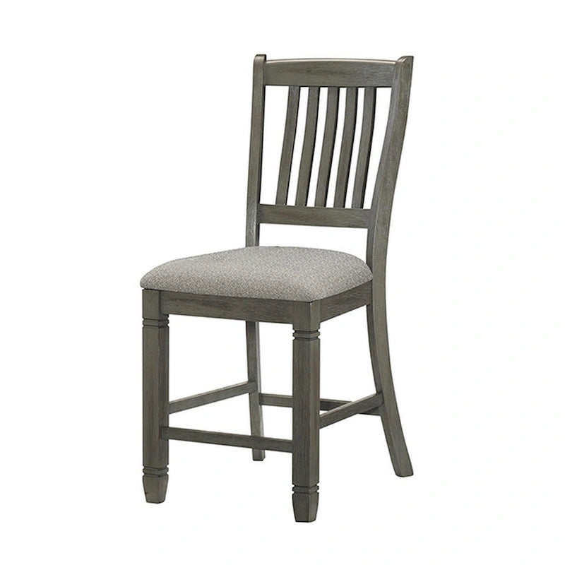 Ensemble de 2 chaises de comptoir de 26 pouces, dossier à lattes, bois gris, assise en tissu