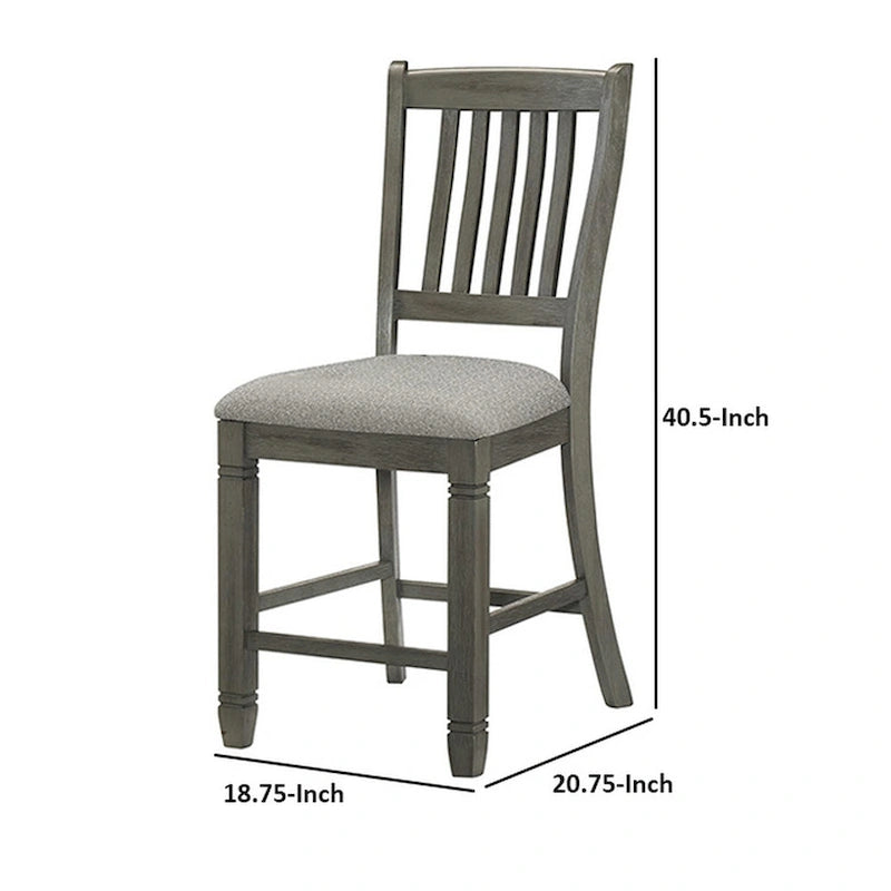 Ensemble de 2 chaises de comptoir de 26 pouces, dossier à lattes, bois gris, assise en tissu