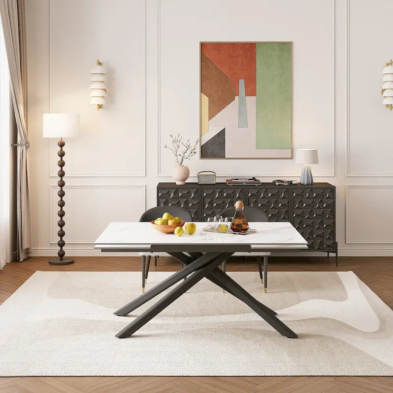 Ensemble de salle à manger rectangulaire extensible en pierre frittée à pieds croisés de 9 pièces avec 8 chaises pour la maison ou la villa