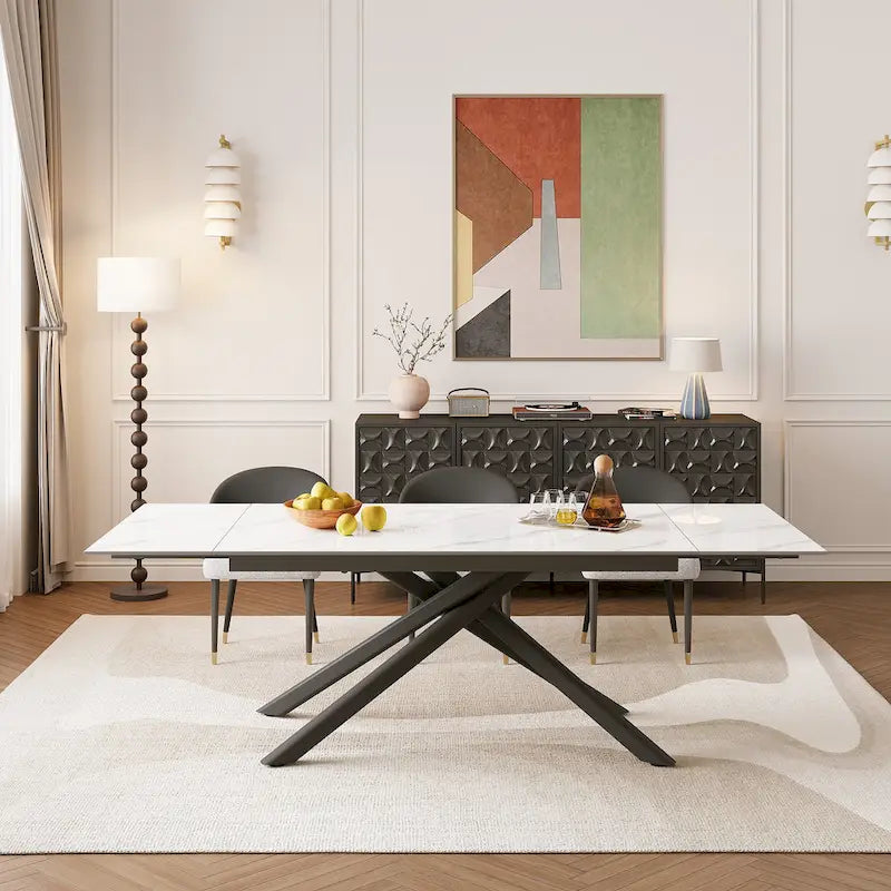 Ensemble de salle à manger rectangulaire extensible en pierre frittée à pieds croisés de 9 pièces avec 8 chaises pour la maison ou la villa