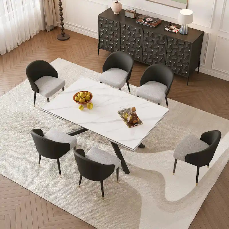 Ensemble de salle à manger rectangulaire extensible en pierre frittée à pieds croisés de 9 pièces avec 8 chaises pour la maison ou la villa