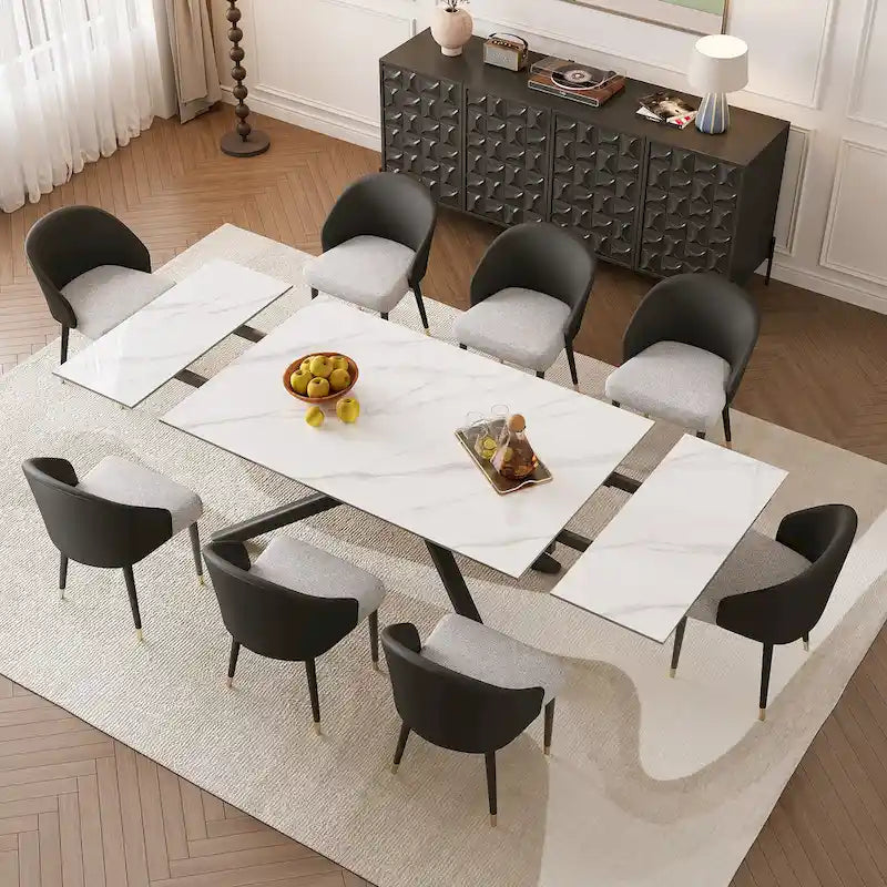 Ensemble de salle à manger rectangulaire extensible en pierre frittée à pieds croisés de 9 pièces avec 8 chaises pour la maison ou la villa