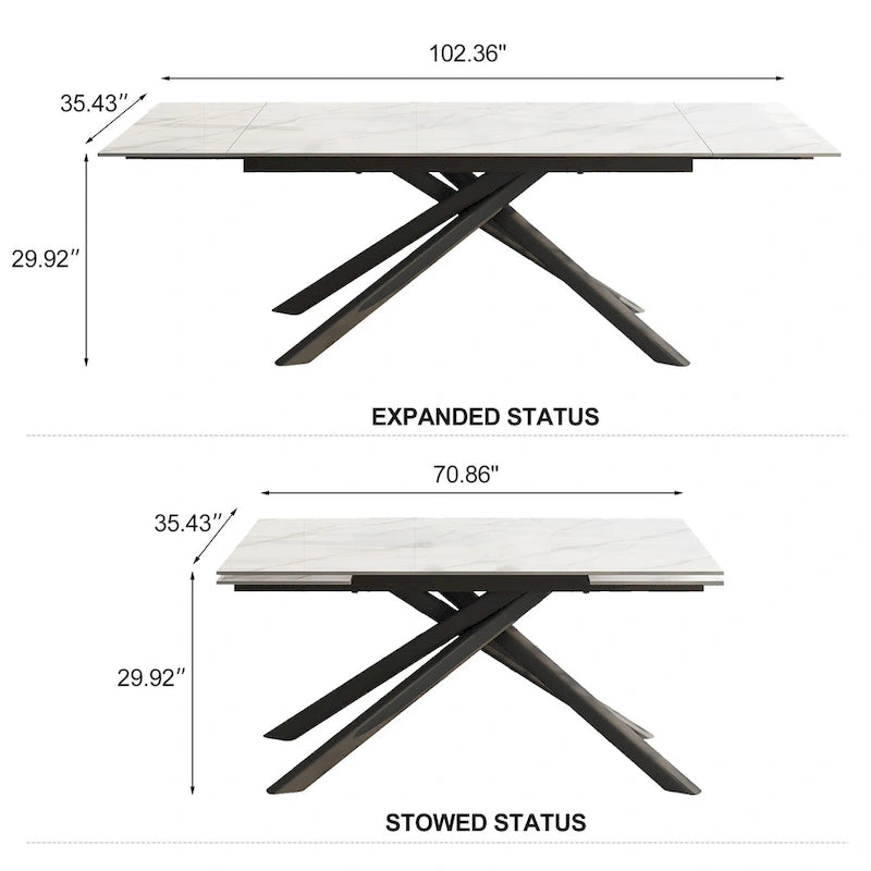 Ensemble de salle à manger rectangulaire extensible en pierre frittée à pieds croisés de 9 pièces avec 8 chaises pour la maison ou la villa