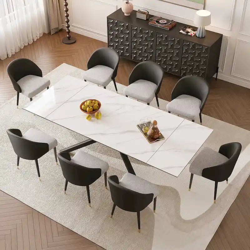 Ensemble de salle à manger rectangulaire extensible en pierre frittée à pieds croisés de 9 pièces avec 8 chaises pour la maison ou la villa