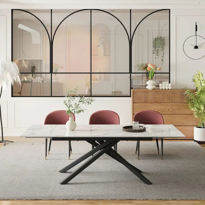 Ensemble de salle à manger rectangulaire extensible en pierre frittée à pieds croisés de 9 pièces avec 8 chaises pour la maison ou la villa
