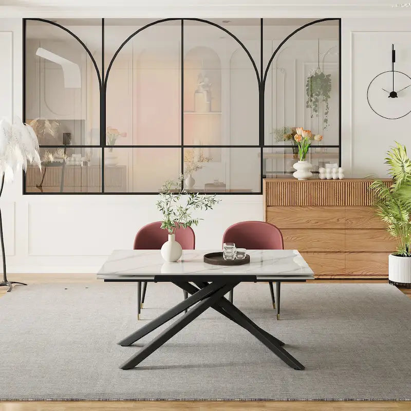 Ensemble de salle à manger rectangulaire extensible en pierre frittée à pieds croisés de 9 pièces avec 8 chaises pour la maison ou la villa