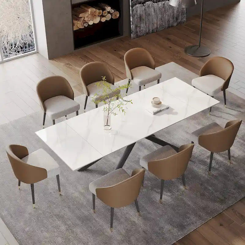 Ensemble de salle à manger rectangulaire extensible en pierre frittée à pieds croisés de 9 pièces avec 8 chaises pour la maison ou la villa