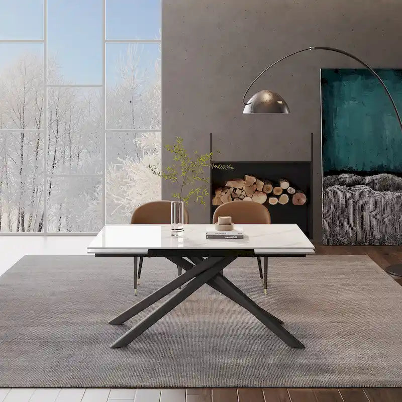 Ensemble de salle à manger rectangulaire extensible en pierre frittée à pieds croisés de 9 pièces avec 8 chaises pour la maison ou la villa