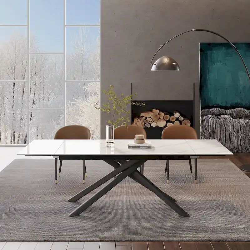 Ensemble de salle à manger rectangulaire extensible en pierre frittée à pieds croisés de 9 pièces avec 8 chaises pour la maison ou la villa