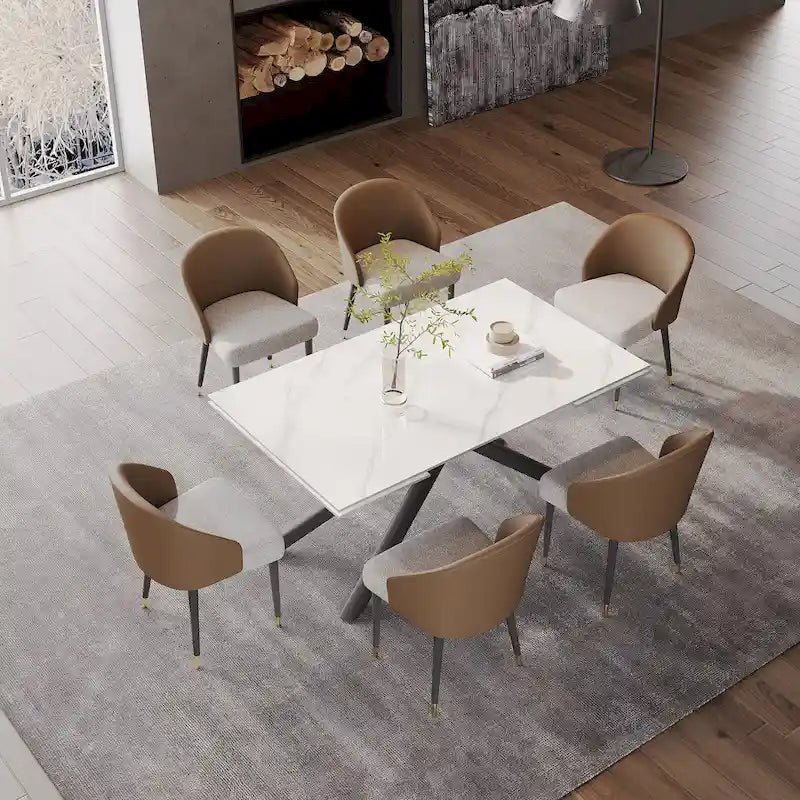 Ensemble de salle à manger rectangulaire extensible en pierre frittée à pieds croisés de 9 pièces avec 8 chaises pour la maison ou la villa