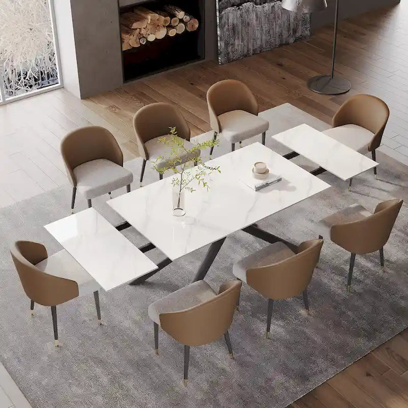 Ensemble de salle à manger rectangulaire extensible en pierre frittée à pieds croisés de 9 pièces avec 8 chaises pour la maison ou la villa