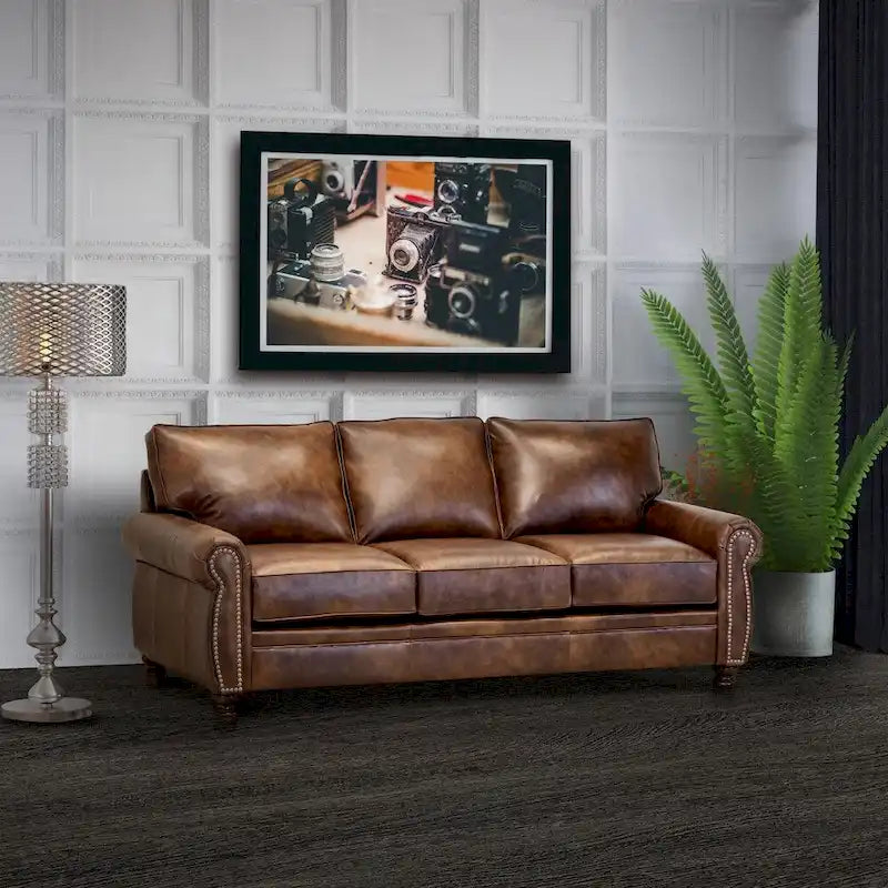 Ensemble canapé et fauteuil en cuir pleine fleur marron Cabot, fabriqué aux États-Unis