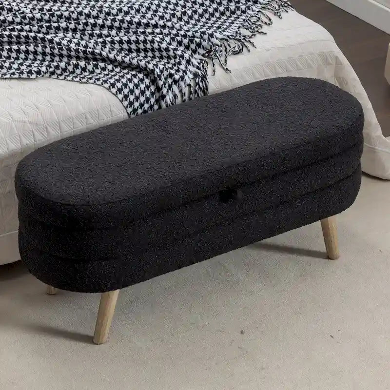 Banc de rangement en tissu bouclé avec pieds en bois pour salon, chambre à coucher, intérieur, noir