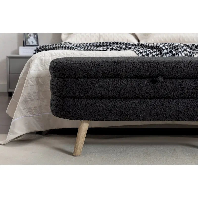 Banc de rangement en tissu bouclé avec pieds en bois pour salon, chambre à coucher, intérieur, noir