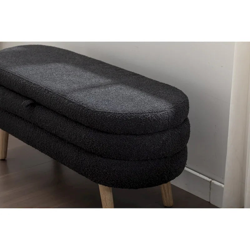 Banc de rangement en tissu bouclé avec pieds en bois pour salon, chambre à coucher, intérieur, noir