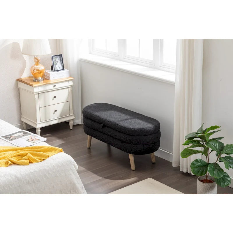 Banc de rangement en tissu bouclé avec pieds en bois pour salon, chambre à coucher, intérieur, noir