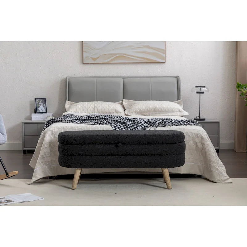 Banc de rangement en tissu bouclé avec pieds en bois pour salon, chambre à coucher, intérieur, noir