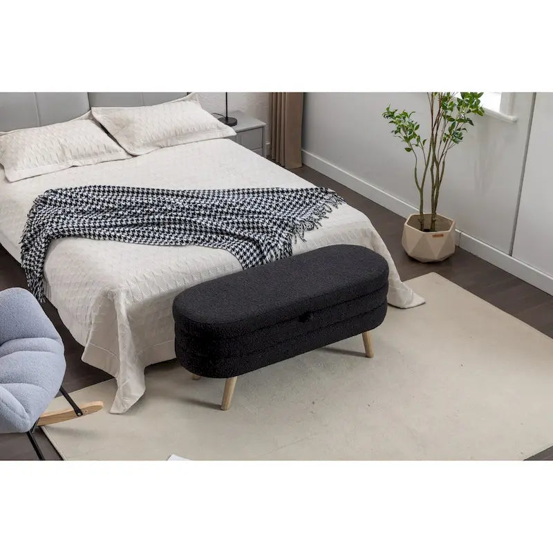 Banc de rangement en tissu bouclé avec pieds en bois pour salon, chambre à coucher, intérieur, noir