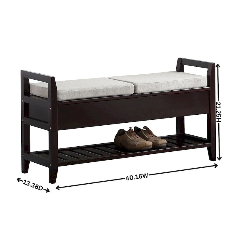 Banc à chaussures rembourré en tissu avec étagère et sièges relevables
