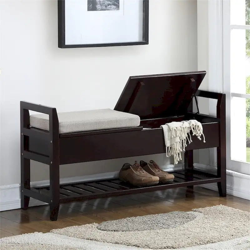 Banc à chaussures rembourré en tissu avec étagère et sièges relevables
